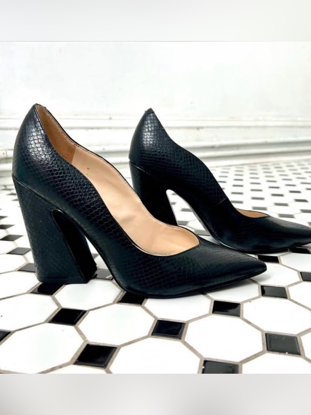 Nine West Snake Textured Pointed Block-Heel Pumps